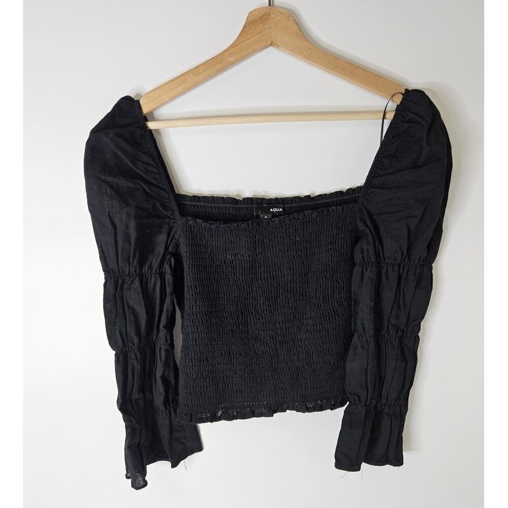 Aqua Women Black Off-Shoulder Elastic Puff-Sleeve Blouse Crop Top Medium